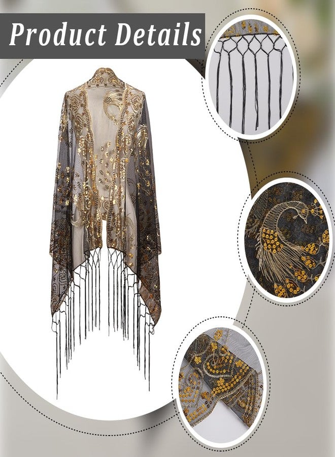 CABODYALS Black Floral Lace Shawl Wraps Sparkly Sequin Fringe Tassel Scarf with Gold Flower Peacock Patterns Vintage 1920S Long Chiffon Pashmina Shawls for Women Evening Dress Formal Wedding Party - Image 5